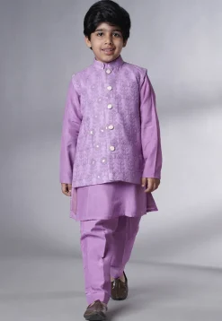 Embroidered Muslin Silk Sherwani Set in Light Purple