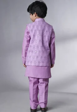 Embroidered Muslin Silk Sherwani Set in Light Purple