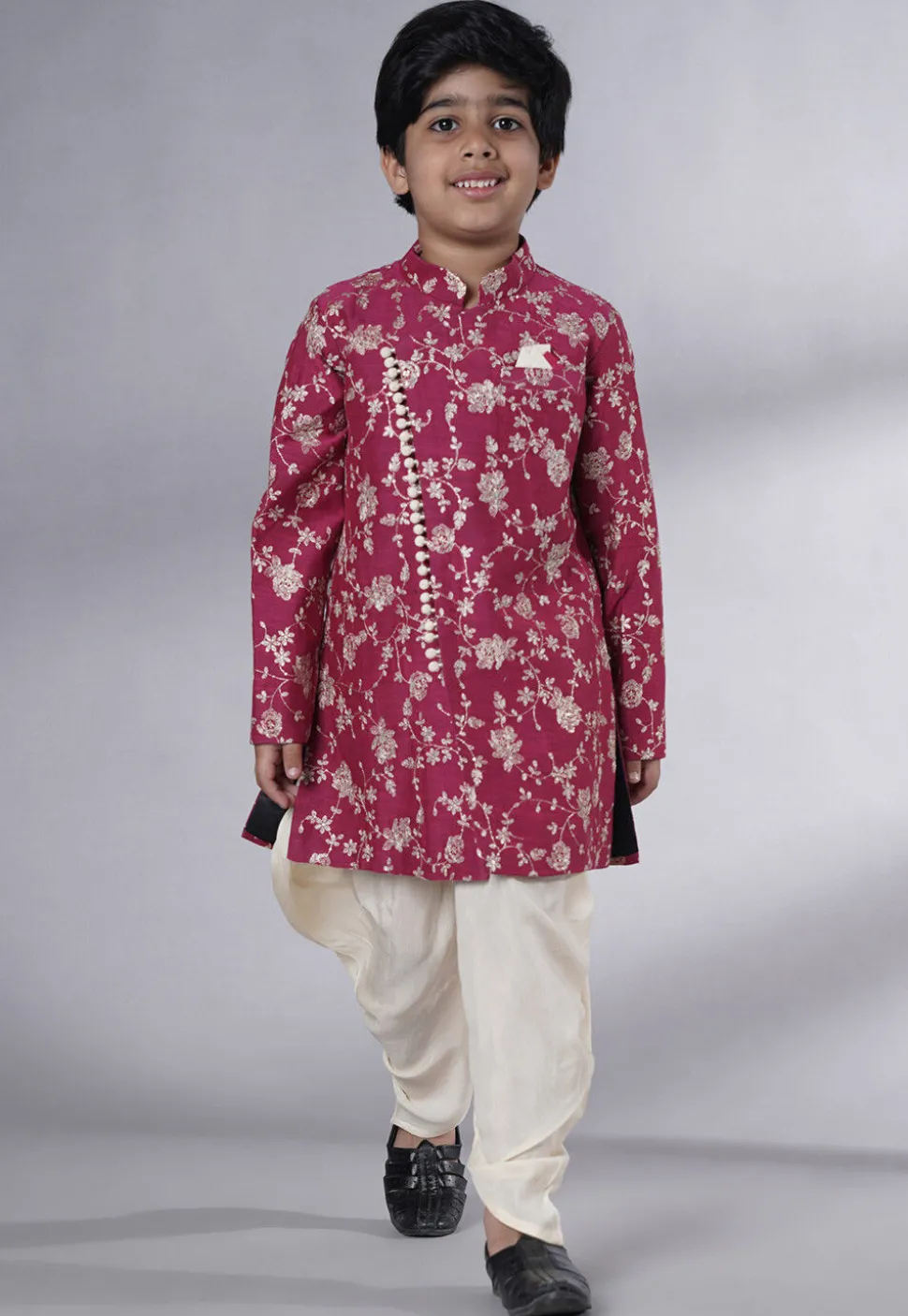 Embroidered Muslin Silk Sherwani Set in Magenta