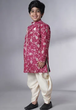 Embroidered Muslin Silk Sherwani Set in Magenta
