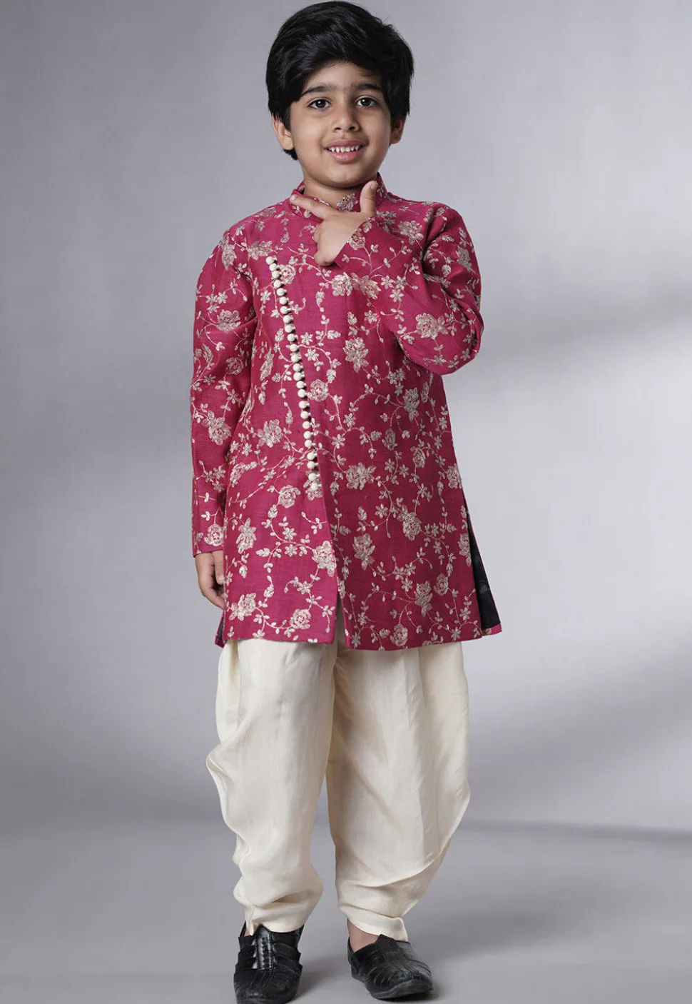 Embroidered Muslin Silk Sherwani Set in Magenta