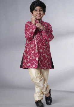 Embroidered Muslin Silk Sherwani Set in Magenta