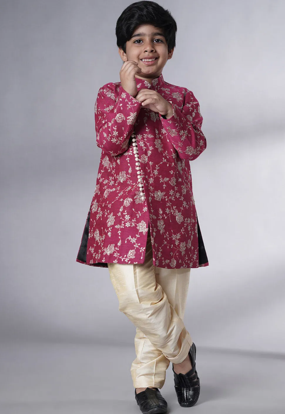 Embroidered Muslin Silk Sherwani Set in Magenta