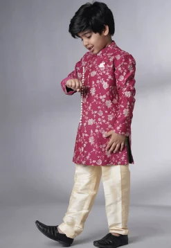 Embroidered Muslin Silk Sherwani Set in Magenta