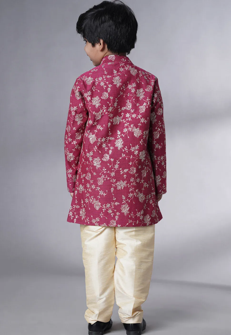 Embroidered Muslin Silk Sherwani Set in Magenta