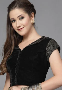 Embroidered Neck Velvet Blouse in Black