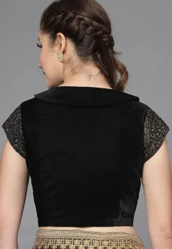 Embroidered Neck Velvet Blouse in Black