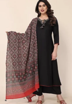 Embroidered Neck Viscose Silk Pakistani Suit in Black