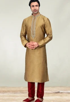 Embroidered Neckline Art Silk Kurta Set in Golden