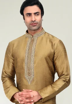 Embroidered Neckline Art Silk Kurta Set in Golden