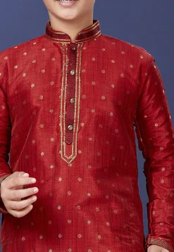 Embroidered Neckline Art Silk Jacquard Kurta Set in Red