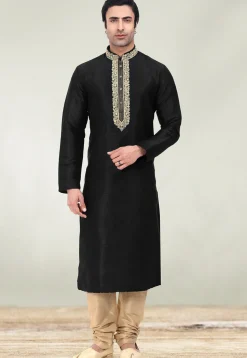 Embroidered Neckline Art Silk Kurta Set in Black