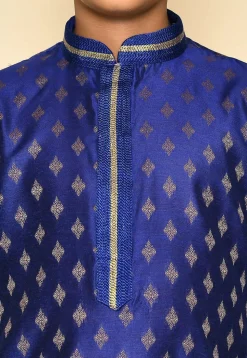 Embroidered Neckline Art Silk Jacquard Kurta Set in Navy Blue