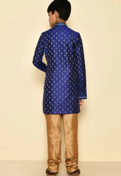 Embroidered Neckline Art Silk Jacquard Kurta Set in Navy Blue
