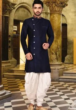 Embroidered Neckline Art Silk Dhoti Kurta in Navy Blue