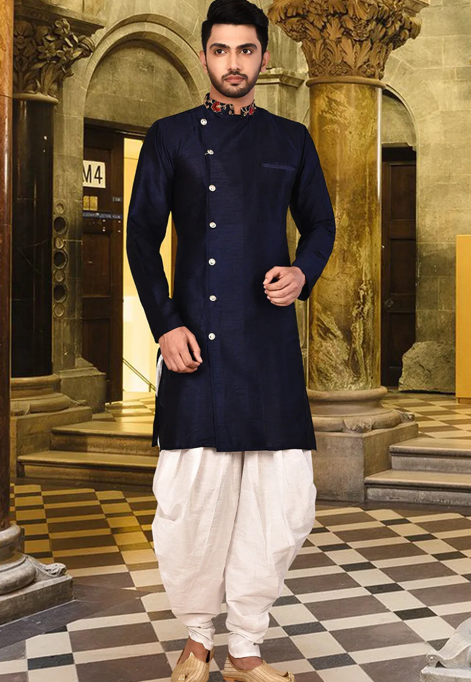 Embroidered Neckline Art Silk Dhoti Kurta in Navy Blue