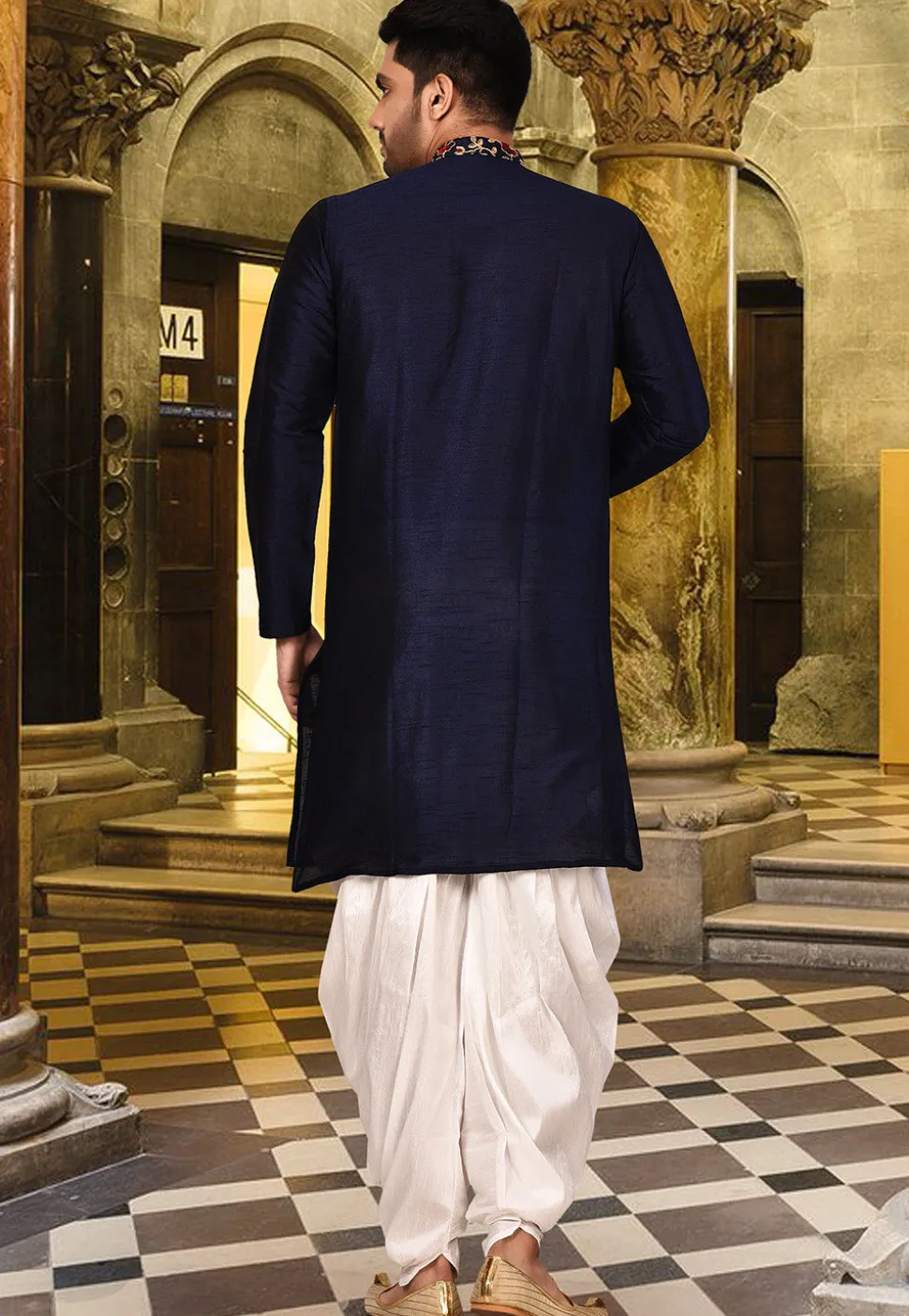 Embroidered Neckline Art Silk Dhoti Kurta in Navy Blue