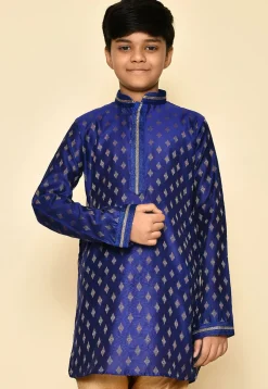 Embroidered Neckline Art Silk Jacquard Kurta in Navy Blue