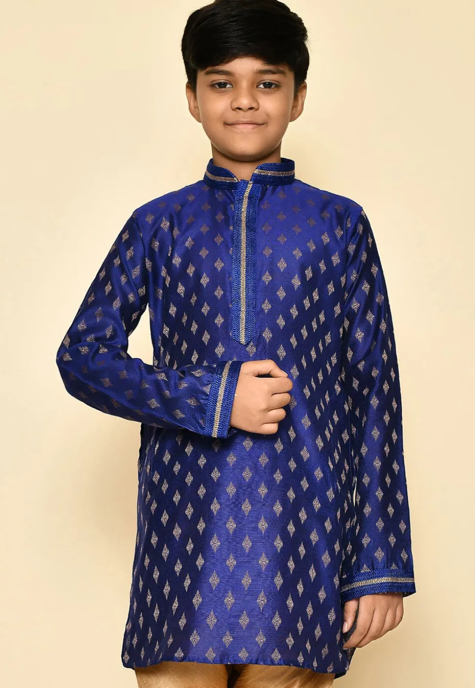 Embroidered Neckline Art Silk Jacquard Kurta in Navy Blue