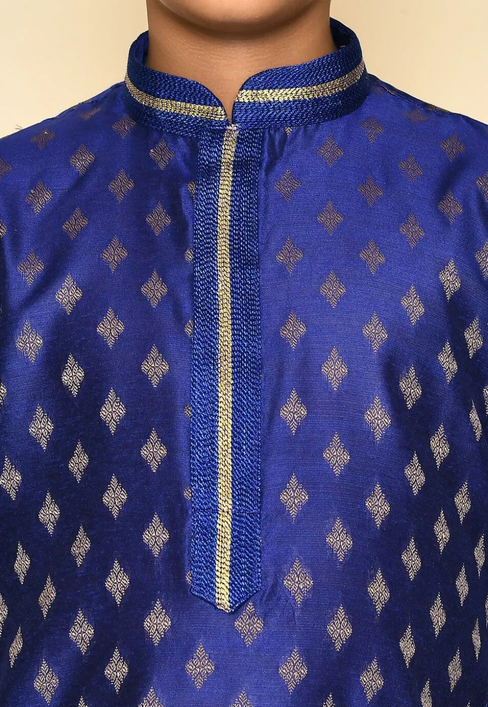 Embroidered Neckline Art Silk Jacquard Kurta in Navy Blue
