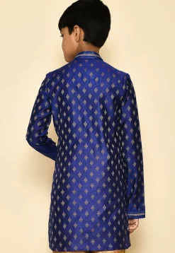 Embroidered Neckline Art Silk Jacquard Kurta in Navy Blue