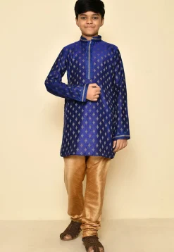 Embroidered Neckline Art Silk Jacquard Kurta in Navy Blue