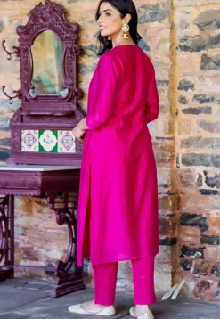 Embroidered Neckline Chanderi Straight Kurta Set in Fuchsia