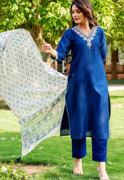 Embroidered Neckline Chanderi Silk Pakistani Suit in Royal Blue