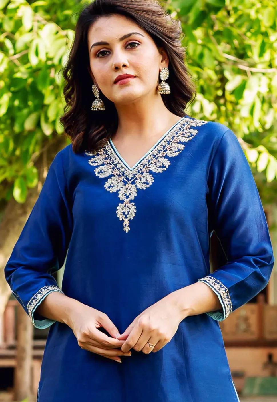 Embroidered Neckline Chanderi Silk Pakistani Suit in Royal Blue