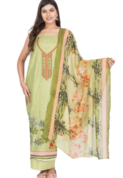 Embroidered Neckline Cotton Pakistani Suit in Light Olive Green