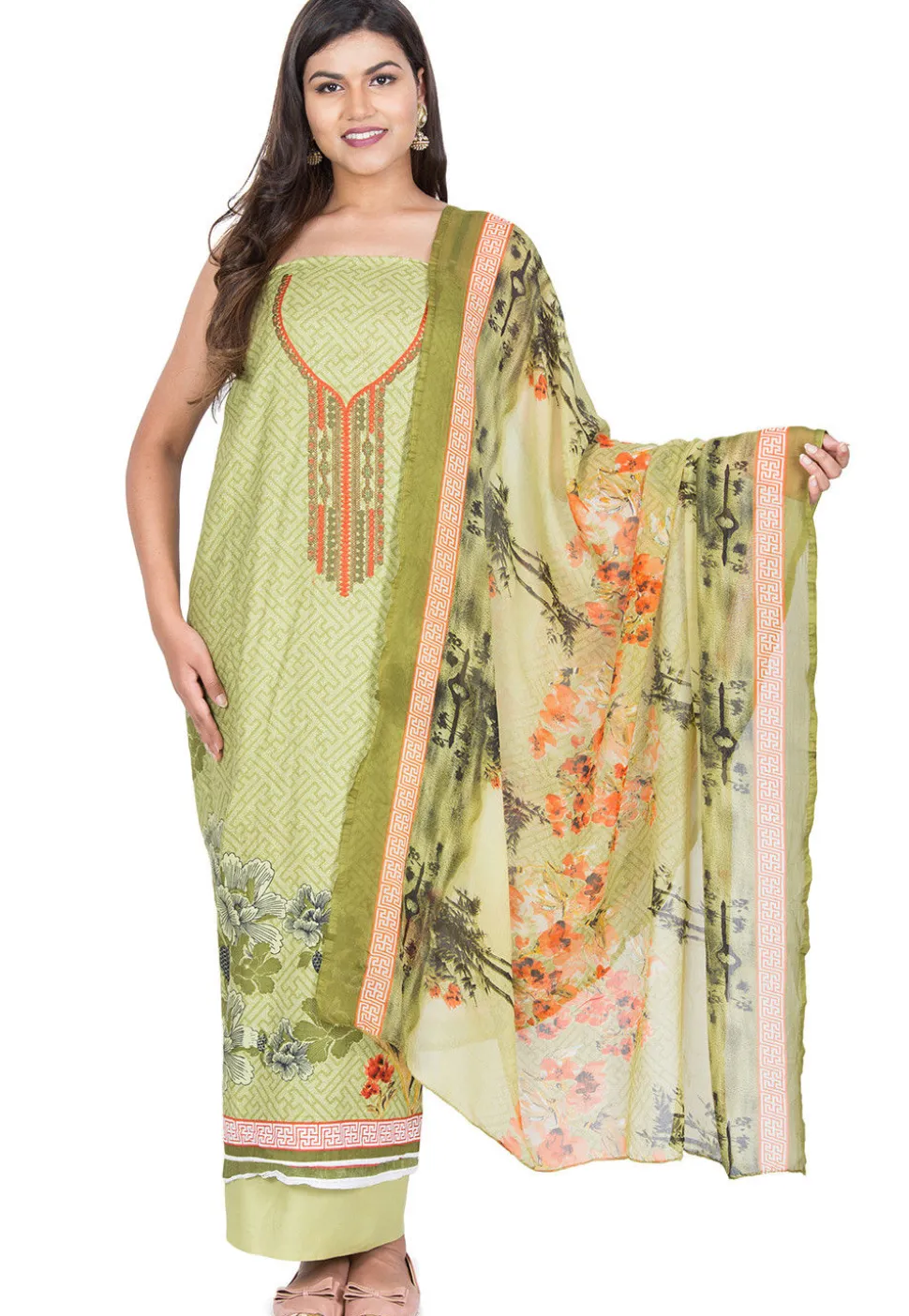 Embroidered Neckline Cotton Pakistani Suit in Light Olive Green