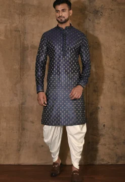 Embroidered Neckline Cotton Silk Kurta Set in Navy Blue