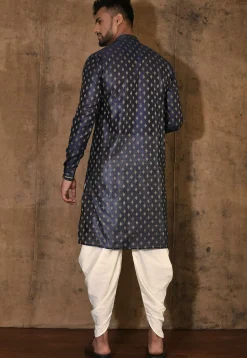 Embroidered Neckline Cotton Silk Kurta Set in Navy Blue