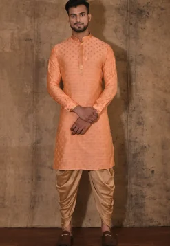 Embroidered Neckline Cotton Silk Jacquard Kurta Set in Peach