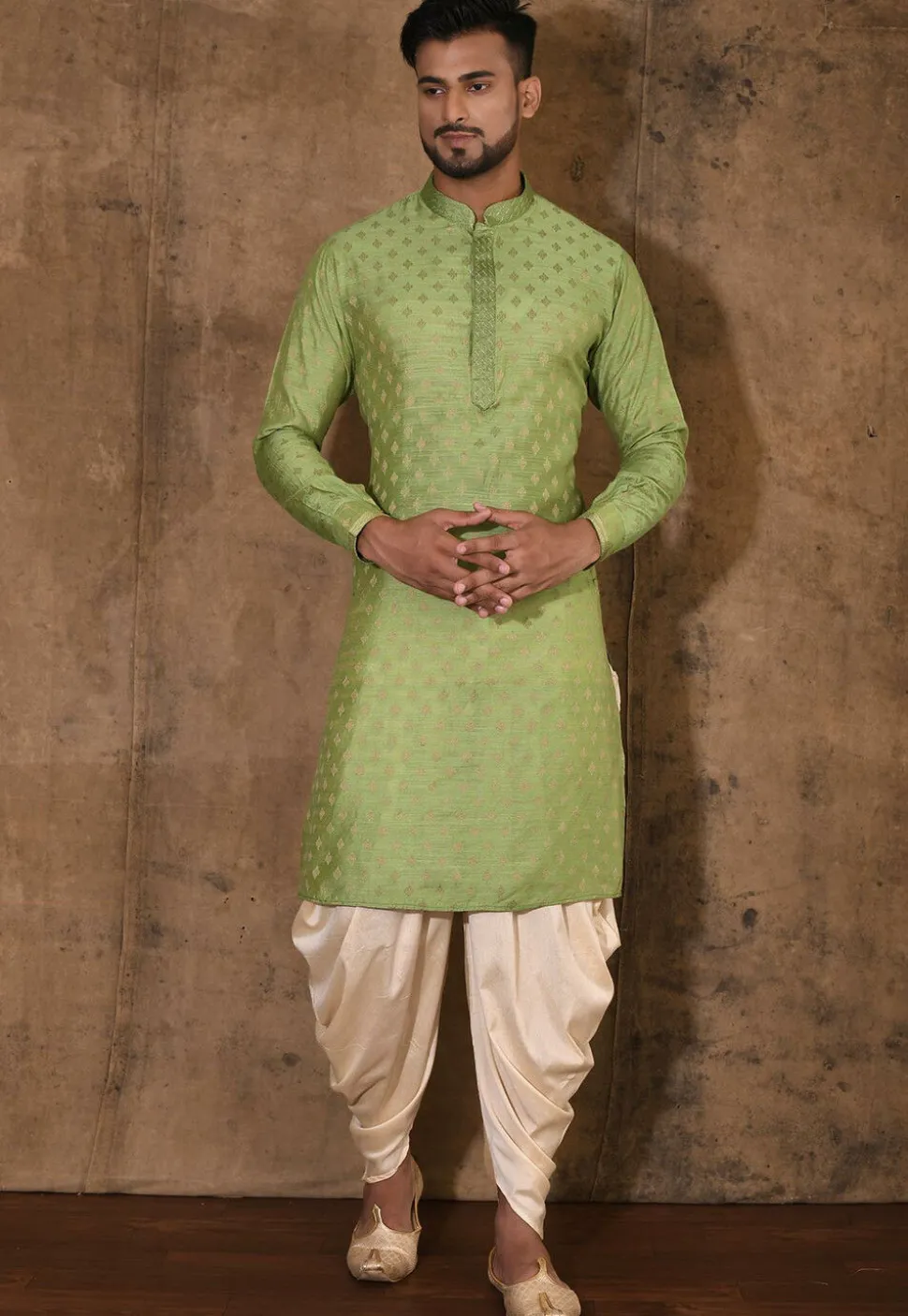 Embroidered Neckline Cotton Silk Jacquard Kurta Set in Green