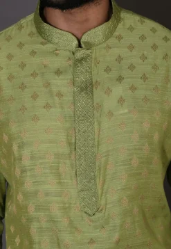 Embroidered Neckline Cotton Silk Jacquard Kurta Set in Green