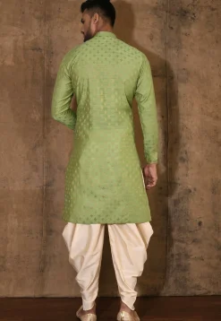 Embroidered Neckline Cotton Silk Jacquard Kurta Set in Green