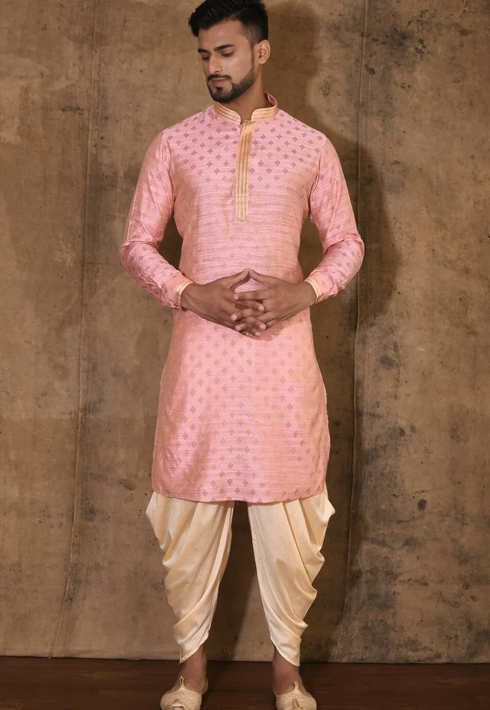 Embroidered Neckline Cotton Silk Jacquard Kurta Set in Pink