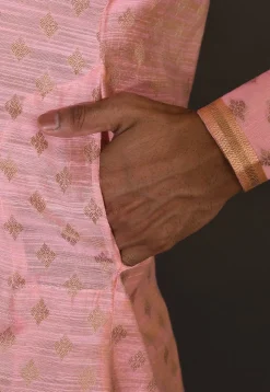 Embroidered Neckline Cotton Silk Jacquard Kurta Set in Pink