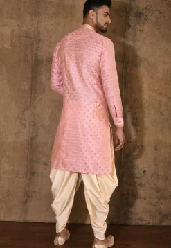 Embroidered Neckline Cotton Silk Jacquard Kurta Set in Pink