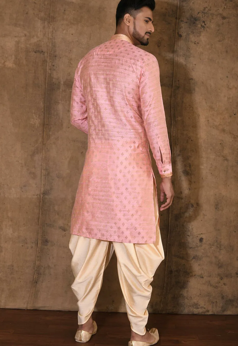 Embroidered Neckline Cotton Silk Jacquard Kurta Set in Pink