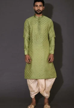 Embroidered Neckline Cotton Silk Jacquard Dhoti Kurta in Green