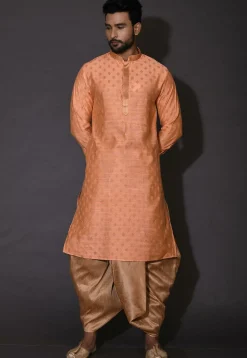 Embroidered Neckline Cotton Silk Jacquard Dhoti Kurta in Peach
