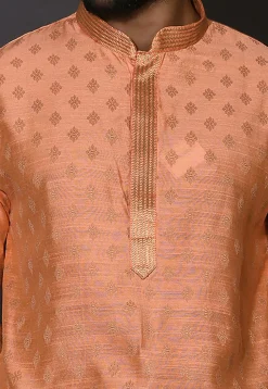 Embroidered Neckline Cotton Silk Jacquard Dhoti Kurta in Peach
