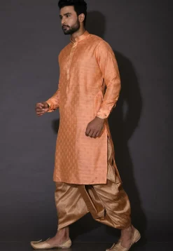 Embroidered Neckline Cotton Silk Jacquard Dhoti Kurta in Peach