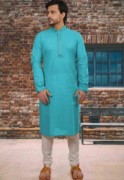 Embroidered Neckline Cotton Jacquard Kurta Set in Sky Blue