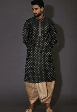 Embroidered Neckline Cotton Silk Jacquard Dhoti Kurta in Black