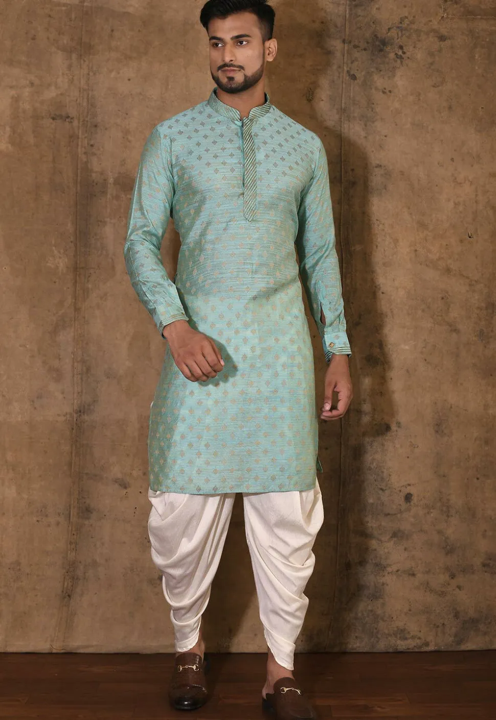 Embroidered Neckline Cotton Silk Kurta Set in Turquoise