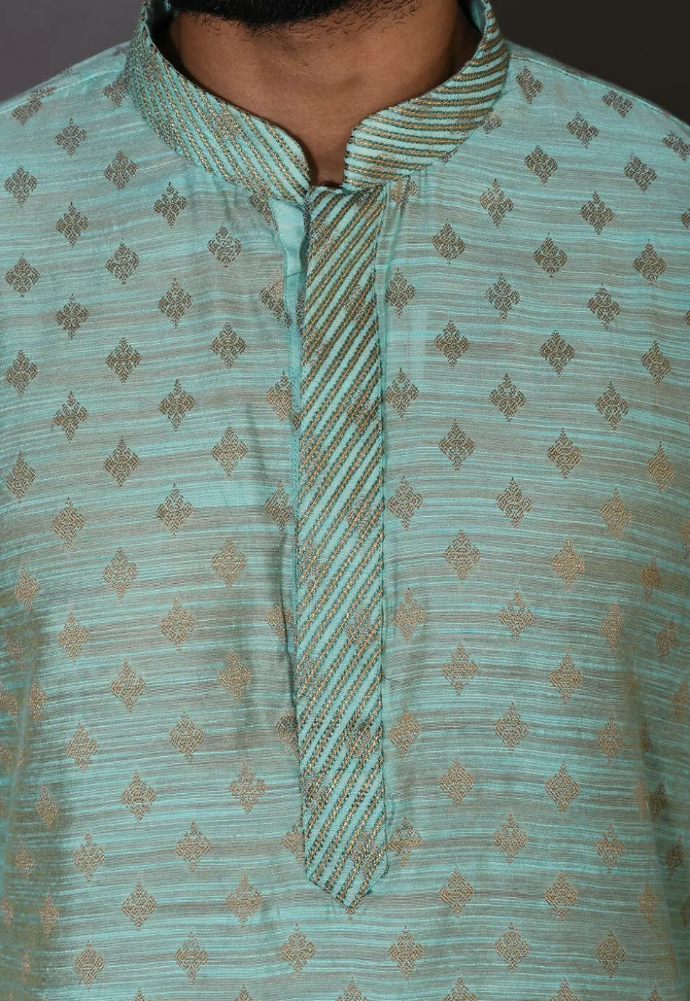 Embroidered Neckline Cotton Silk Kurta Set in Turquoise