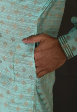 Embroidered Neckline Cotton Silk Kurta Set in Turquoise